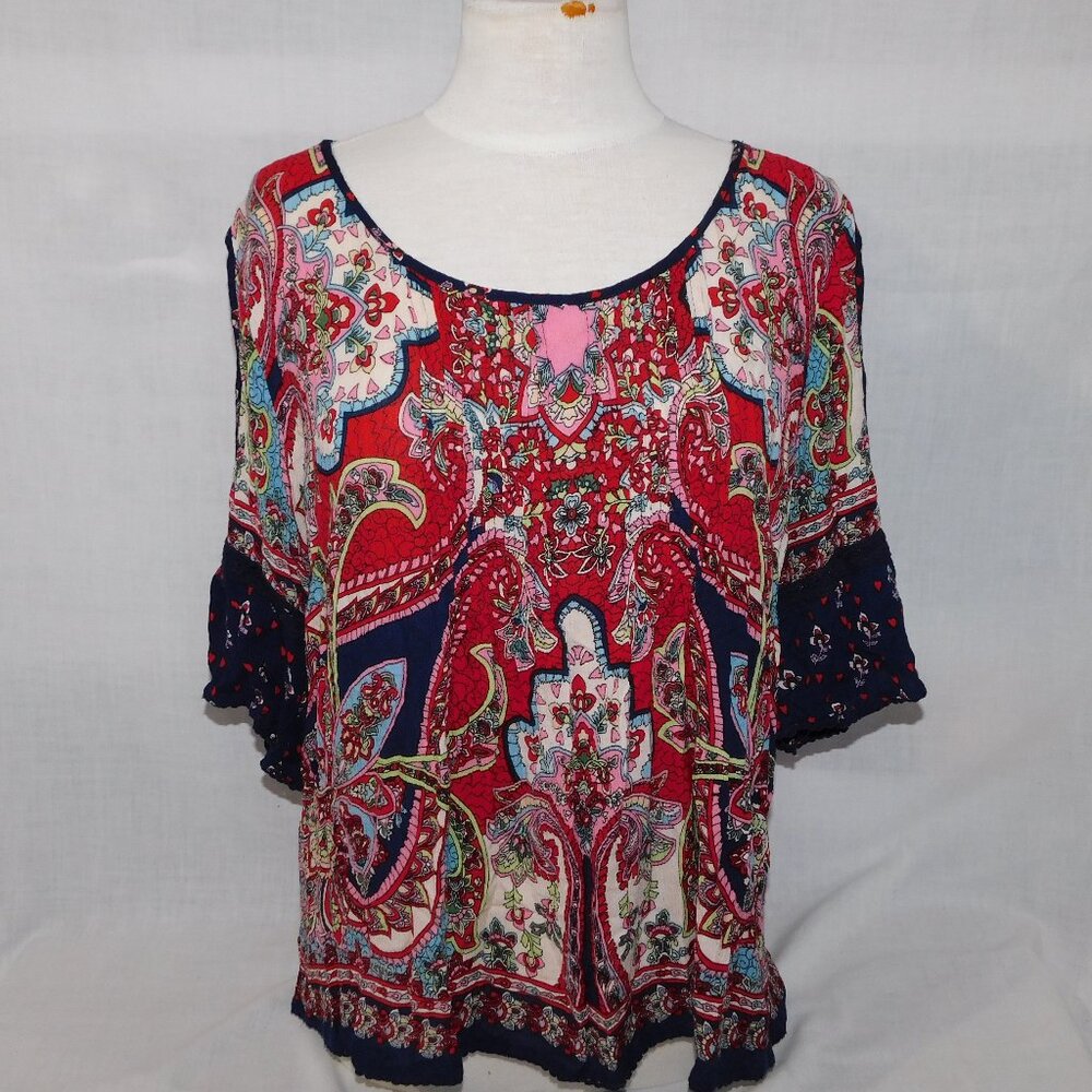 Bila Womens XL Rayon Cold Shoulder multicolour Short Sleeve Peasant Top Blouse